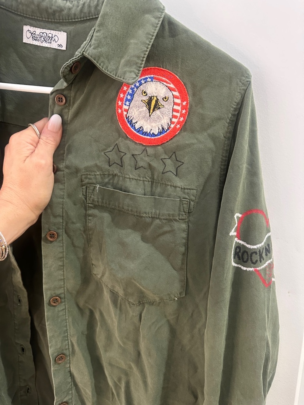 Lauren Moshi Wearable Art Green Military Grunge Top with Eagle Patch Size XS EUC - Picture 2 of 7